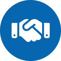 A blue circle with two hands shaking.